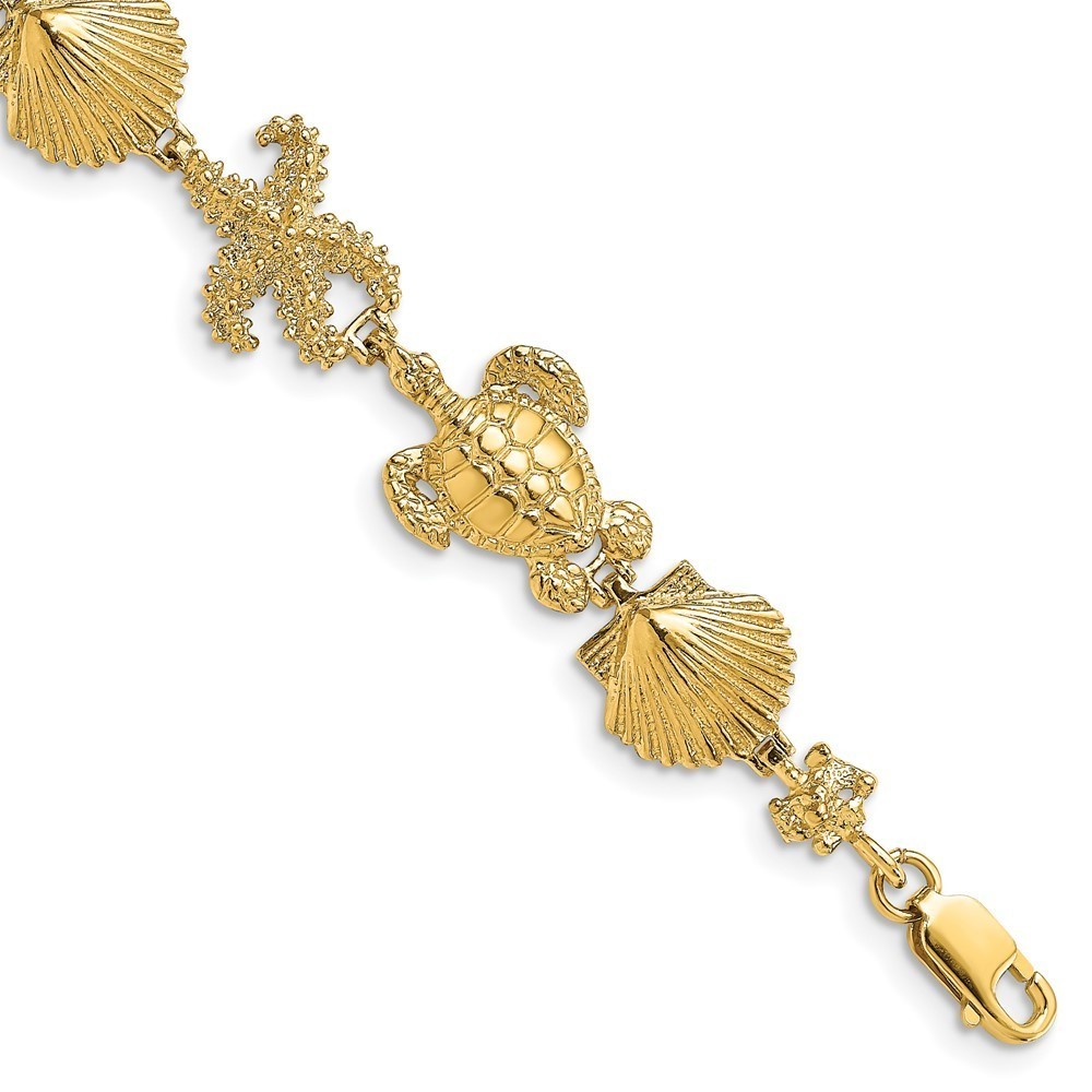 14k Yellow Gold Polished Turtle, Shell and Starfish Bracelet